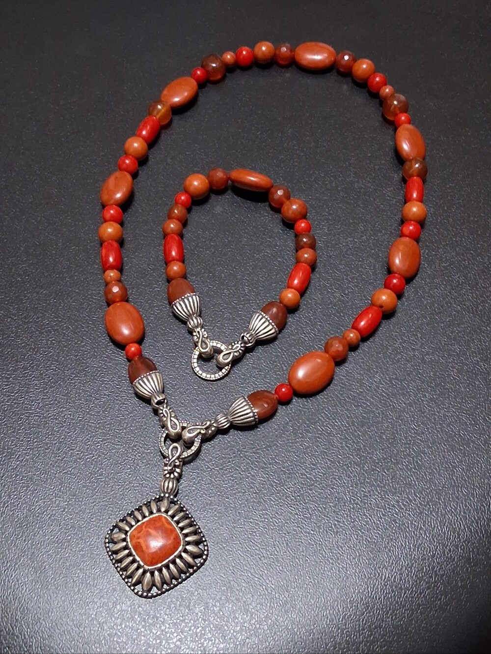 Carolyn Pollack Sterling Silver Carnelian Jasper Coral Necklace Bracelet Set
